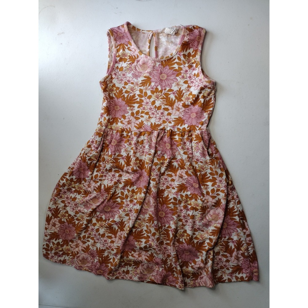 Soho Blue Kids Pink Brown Floral‎ Sleeveless Pocket Dress Retro Boho